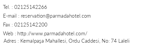Parmada Hotel telefon numaralar, faks, e-mail, posta adresi ve iletiim bilgileri